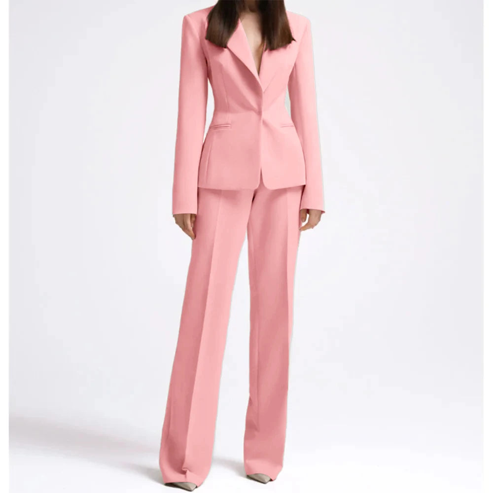 Office Lady Fashion Beige Women Suits One Button Peak Lapel 2 Piece Jacket Pants Slim Fit Smart Causal Conjuntos De Pantalones