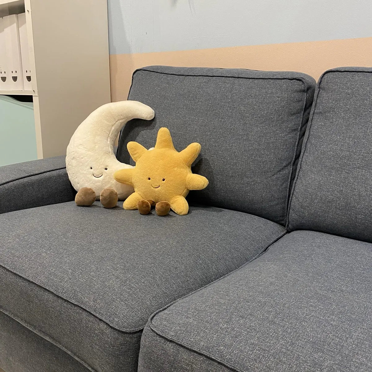 Adorable Smile Face White Moon Yellow Sun Plushie Stuffed Cute Cartoon Weather Plush Toy for Kid Bedroom Decor Sofa Throw Pillow