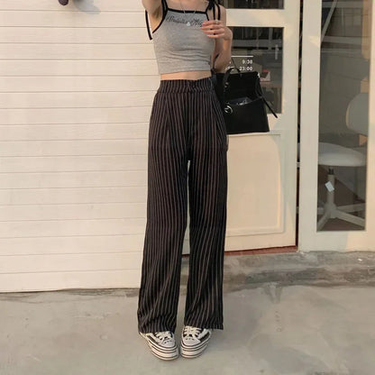Women's Formal Office Wear Suit Pants Vintage High Waist Baggy Striped Pants Woman Korean All-Match Straight Trousers Female