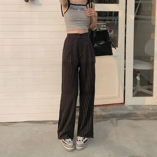 Women's Formal Office Wear Suit Pants Vintage High Waist Baggy Striped Pants Woman Korean All-Match Straight Trousers Female