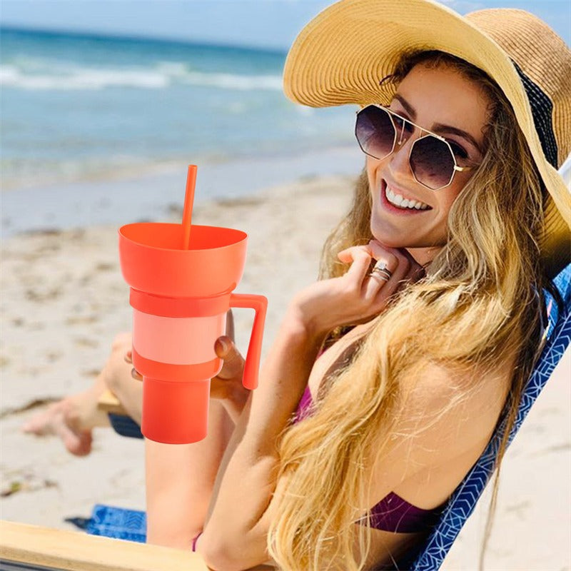 2 in 1 Popcorn Beverage Cup Snack 1000ML Straw Cup with Handle Water Bottles with Straw Coffee Cup Mug Leak-Proof For Kids Adult