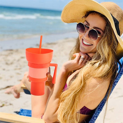 2 in 1 Popcorn Beverage Cup Snack 1000ML Straw Cup with Handle Water Bottles with Straw Coffee Cup Mug Leak-Proof For Kids Adult