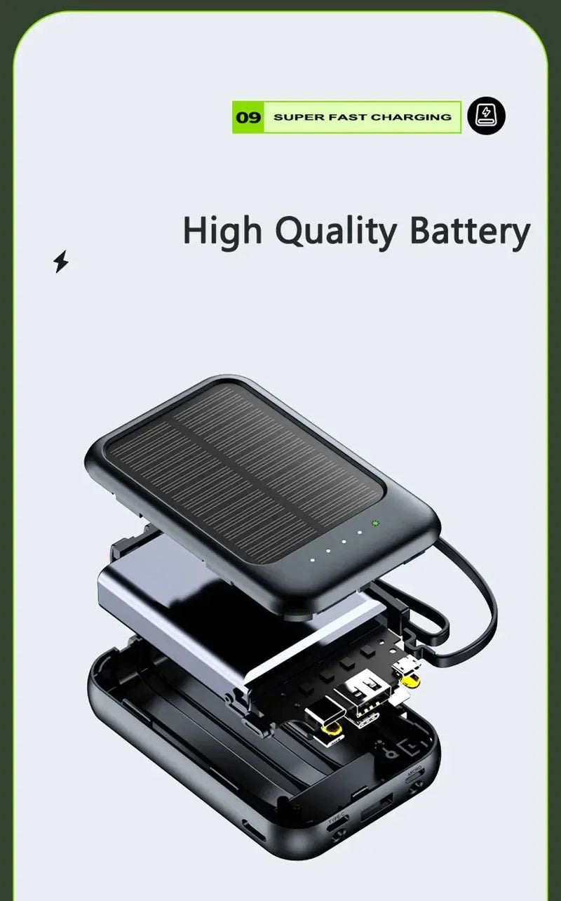 20000mAh High Capacity Solar Power Bank Built 4 Cables Fast Charger 2 USB Ports Portable External Powerbank LED Light Powerbank