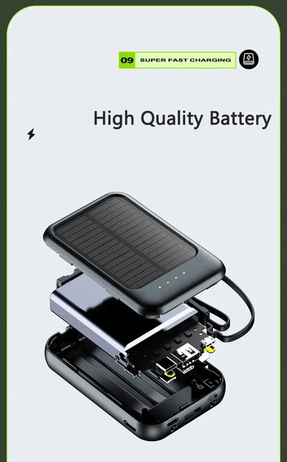 20000mAh High Capacity Solar Power Bank Built 4 Cables Fast Charger 2 USB Ports Portable External Powerbank LED Light Powerbank