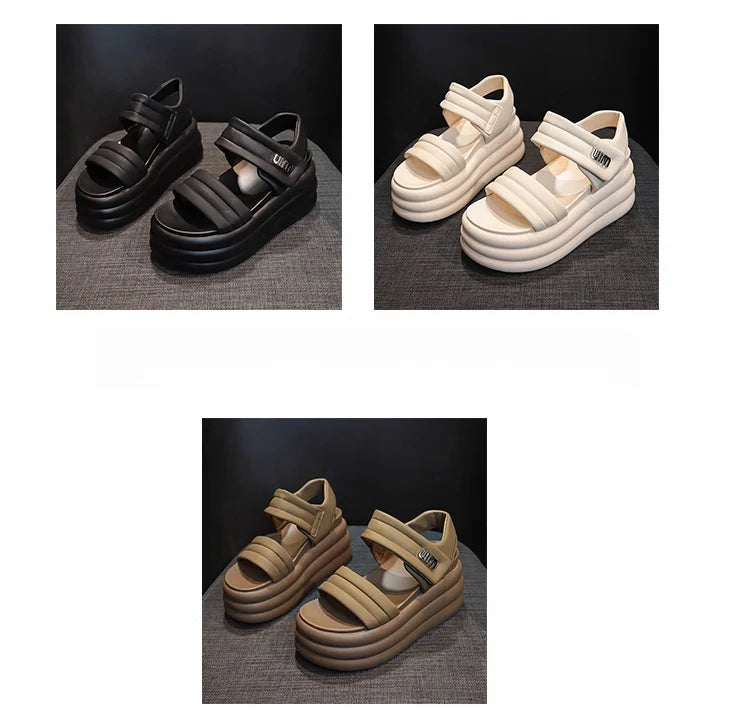 2025 Summer Women Chunky Sandals Leather High Platform Trainers Breathable Casual Slippers Shoes Woman 8.5CM Heels Wedge Sneaker
