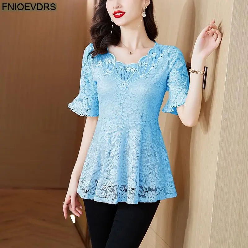 Office Shirts Basic Wear New Design 2025 Women Elegant Fashion Work Lady Bling Beaded Flare Sleeve Lace Tops Blouses
