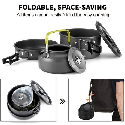 Camping Cookware Set Outdoor Cookware Stackable Storage Portable Kettle Pot Frying Pan Picnic Tableware