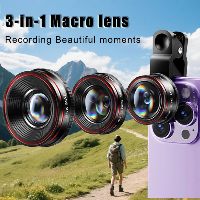 Mobile phone external lens kit with clip wide-angle/25X macro/ fisheye camera lens for photography Compact and portable 3-in-1