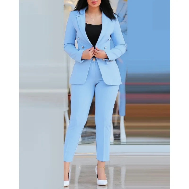 Office Lady 2 Pieces Blazer Set Ladies 2024 Elegant Pant Suit Women Chic Trousers Suit Casual Long Sleeve Jacket High Waist Pant