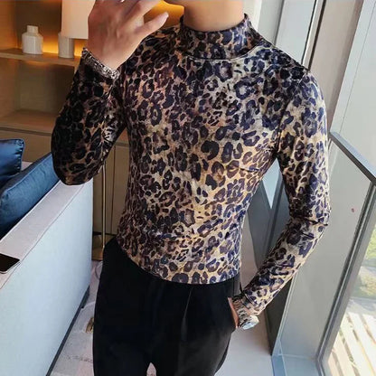 Mens T-shirt Long Sleeve Leopard Print Stretch Skinny Gym Shirt High Neck Base Shirt for Men