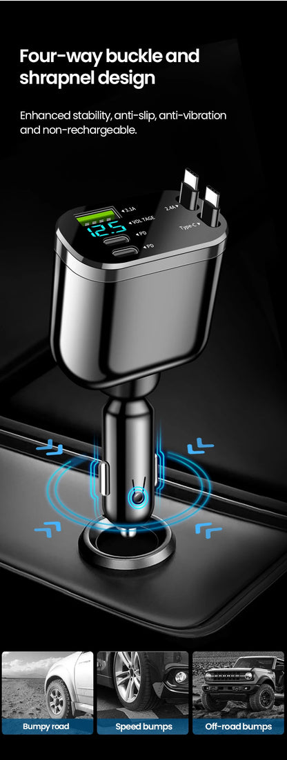 Elough Retractable Car Charger 5 in 1 Fast Charging Car Charger Retractable Cable 2 type c Ports Car Charger Adapter Compatible