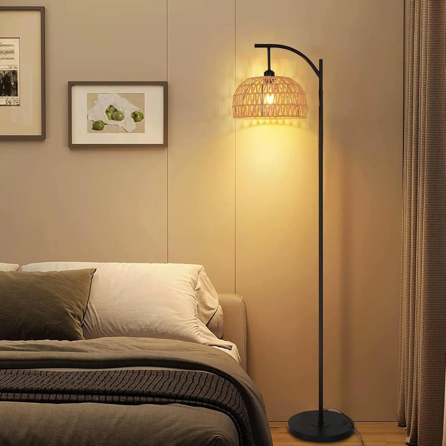 Floor Lamp Living Room,E27 Industrial Metal Floor Lamp,Black Floor Lamp,Rattan Weave Floor Lamp for Bedroom(Without Bulb)
