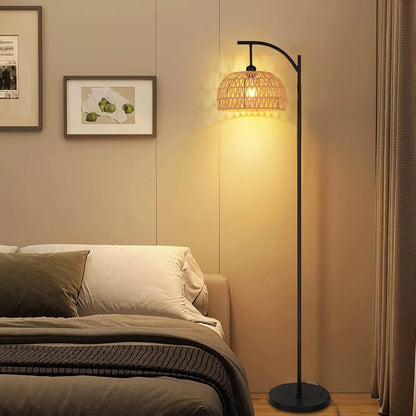 Floor Lamp Living Room,E27 Industrial Metal Floor Lamp,Black Floor Lamp,Rattan Weave Floor Lamp for Bedroom(Without Bulb)