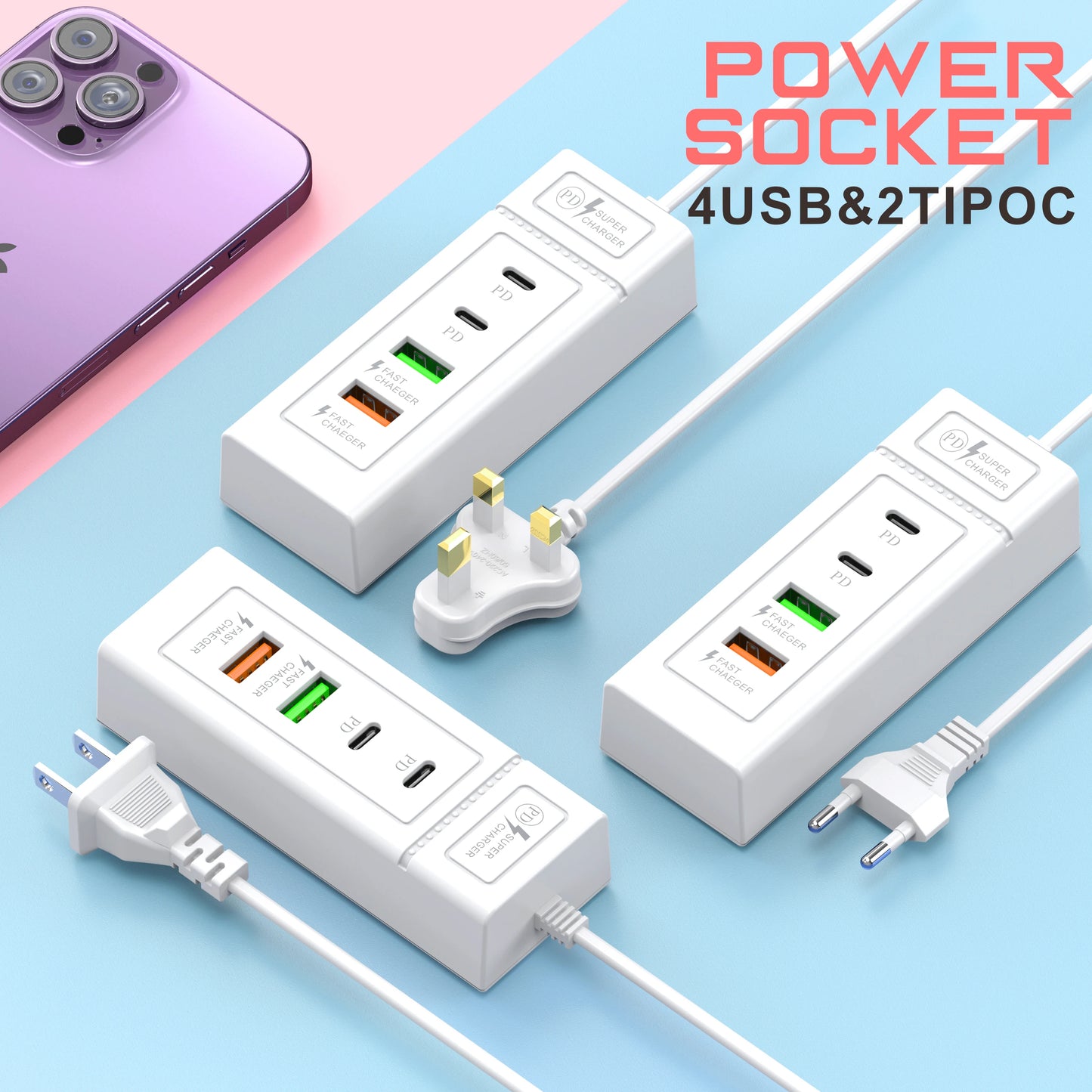 USB Plug Power Strip Charger Station Splitter 5V4A USB TYPE C 3.0 Fast Charger Phone Charging Plug USB US EU Electrical Socket