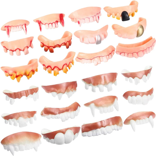 24pcs Halloween Fake Teeth Playthings Horrific Zombie Teeth Funny Party Denture Props Fake Teeth Halloween Ugly Teeth Toys Set
