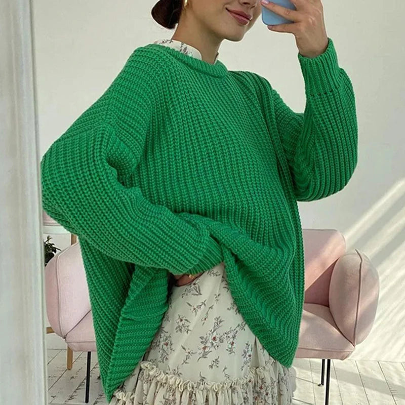 Women O-neck Long Sleeve Knitted Sweaters Autumn Winter Loose Knit Pullovers Lazy Style Oversized Sweaters Christmas Clothes