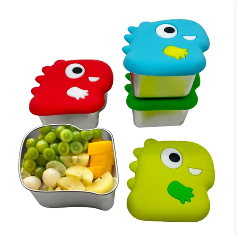 SOFT-304 Stainless Steel Snack Cup With Dinosaur Design And Silicone Lid For Secure Food Keeping