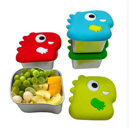 SOFT-304 Stainless Steel Snack Cup With Dinosaur Design And Silicone Lid For Secure Food Keeping