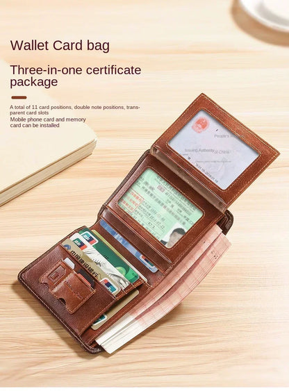 Men's Wallets RFID Blocking Genuine Leather Trifold Business Short Purse Wallet for Men with ID Window and Credit Card Holder