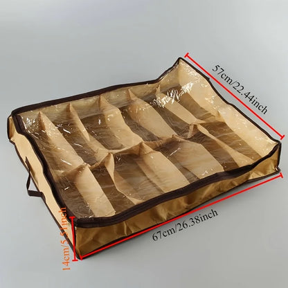 Under Bed Shoe Organizer with 12 Transparent Compartments - Dustproof & Moisture-Proof Storage Solution for Home Organization