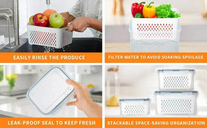 Fridge Food Storage Container Set with Lids with Strainer,Plastic Fresh Produce Saver Vegetable Fruit Meat Organizer