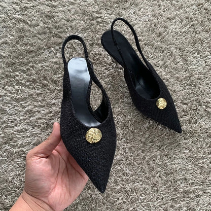 Fashion Women’s Black High Heels Sexy Pointed Shallow Mouth Pumps 2025 Spring Female Slingbacks Dress Office Shoes