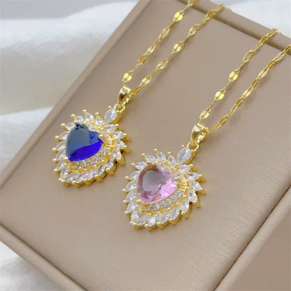 Exquisite and Cute Micro-paved Pink Necklace, Fashionable Retro Style Versatile Stainless Steel Clavicle Chain