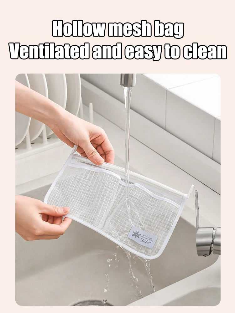 Dual Compartment Fridge Hanging Organizer - Mesh Storage Bags for Fruits/Snacks, No Hook Space Saving Bin with Clear Window