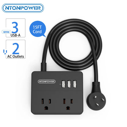 Power Strip US Plug 2 Outlets With 3USB Ports 15FT Extra-long Extension Cord（1.5/3/4.6 Meter）Smart USB Charger for Travel/Home