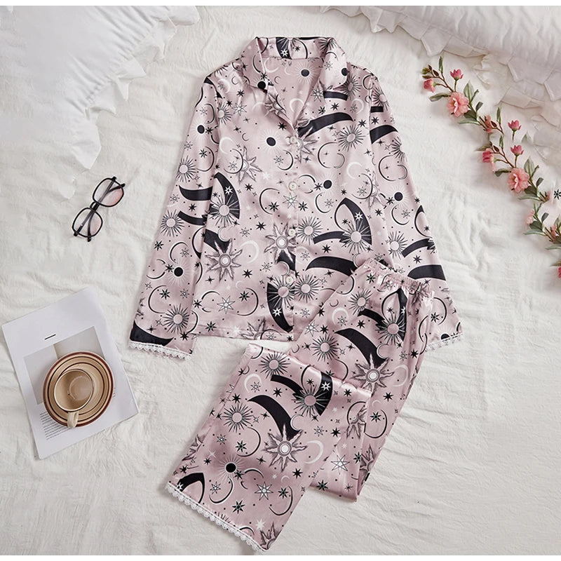 Women's sleepwear two piece set spring autumn satin long sleeved top long pants two piece set casual  comfortable home suit set