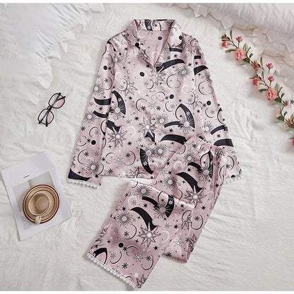 Women's sleepwear two piece set spring autumn satin long sleeved top long pants two piece set casual  comfortable home suit set