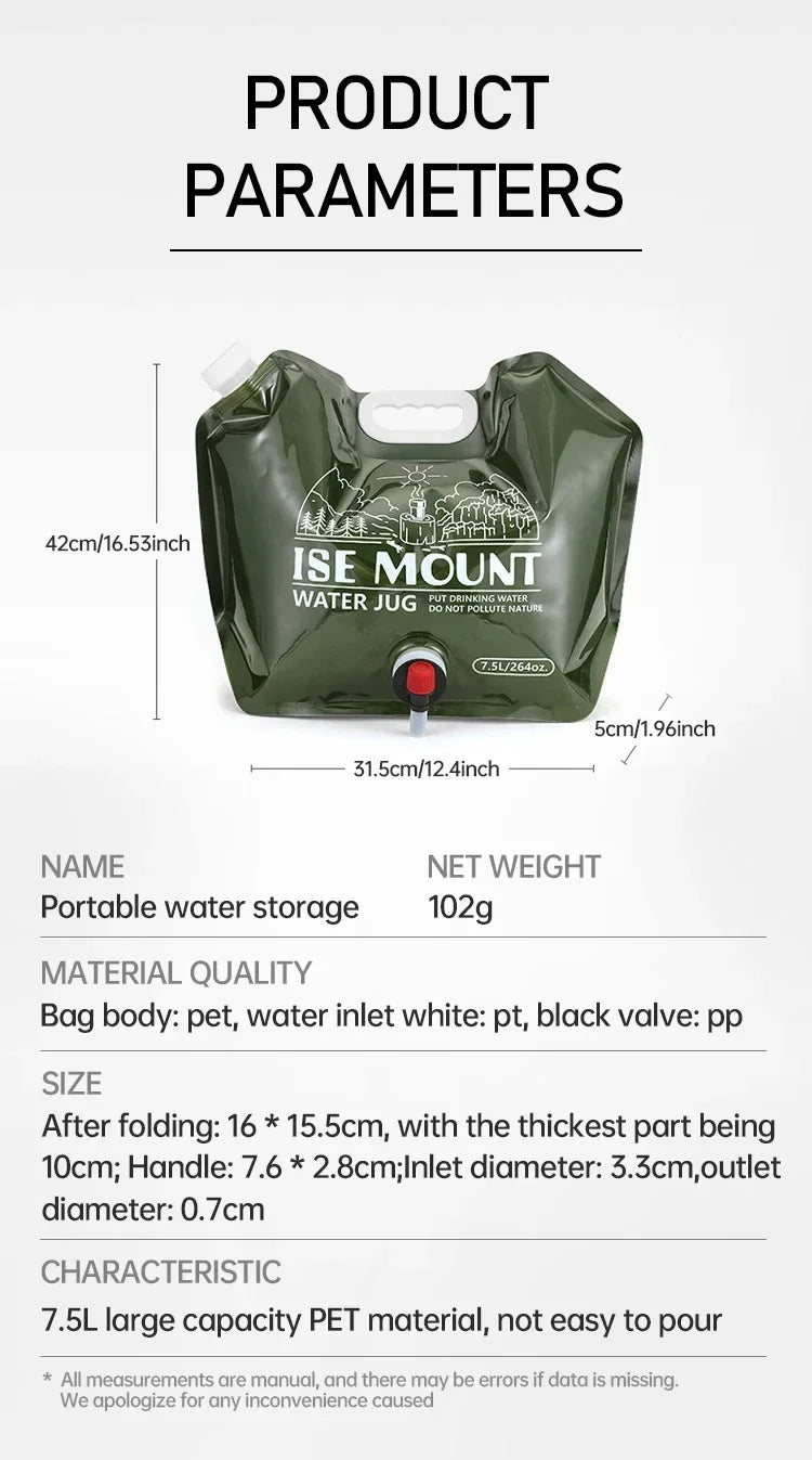Outdoor 7.5L Water Bag with Faucet Foldable Portable Water Bag Camping Hiking Fishing Large-capacity Water Bottle