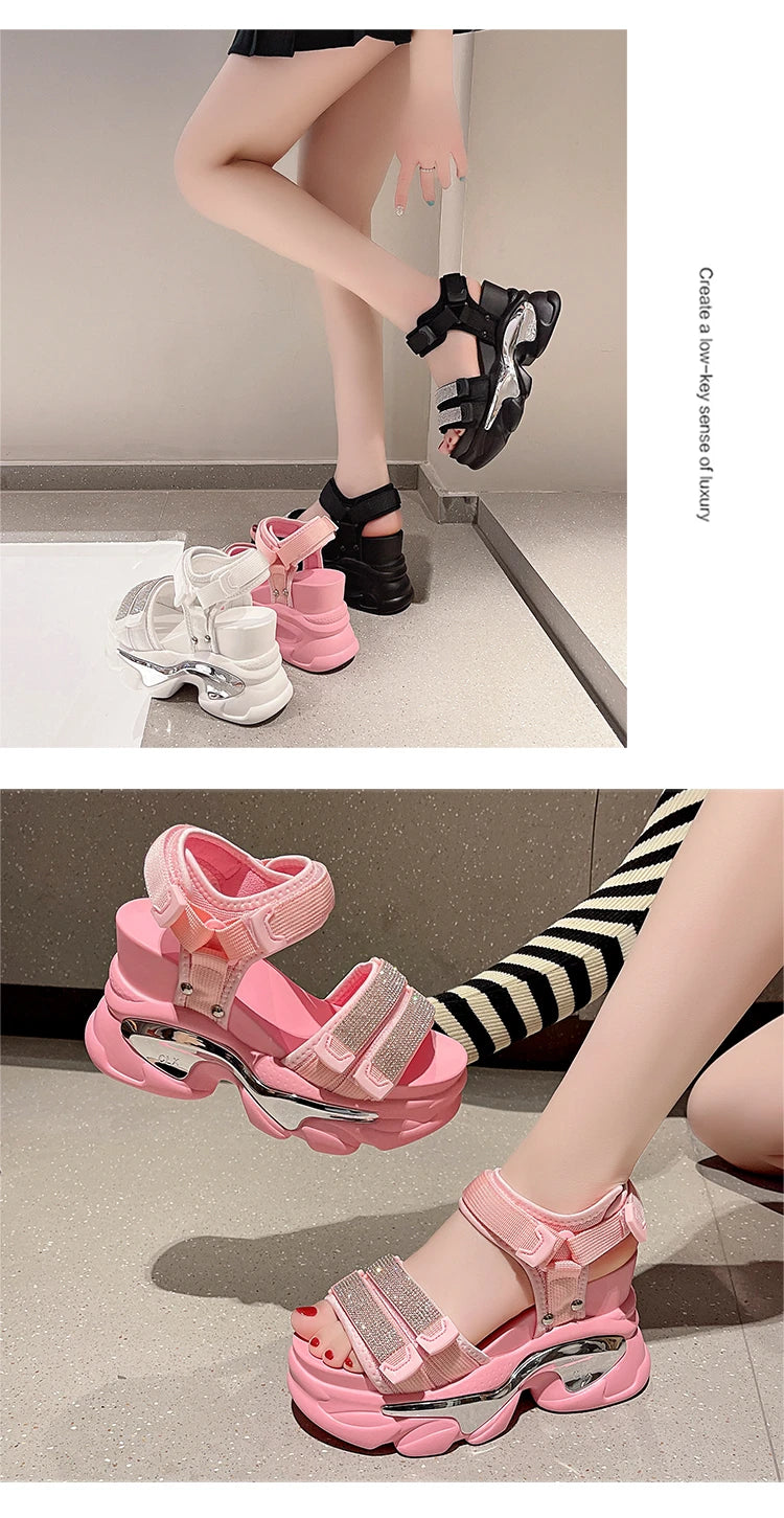 Summer High Platform Women Sandals Buckle 10CM Wedges Bling Shoes Fashion 2023 Outside Chunky Sandals Beach Casual Slides Woman