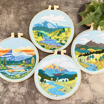 Embroidery Starter Kit for Adult Beginner with Landscape Mountain Nature Scenery Pattern Hand Set with Embroidery Cloth Needles