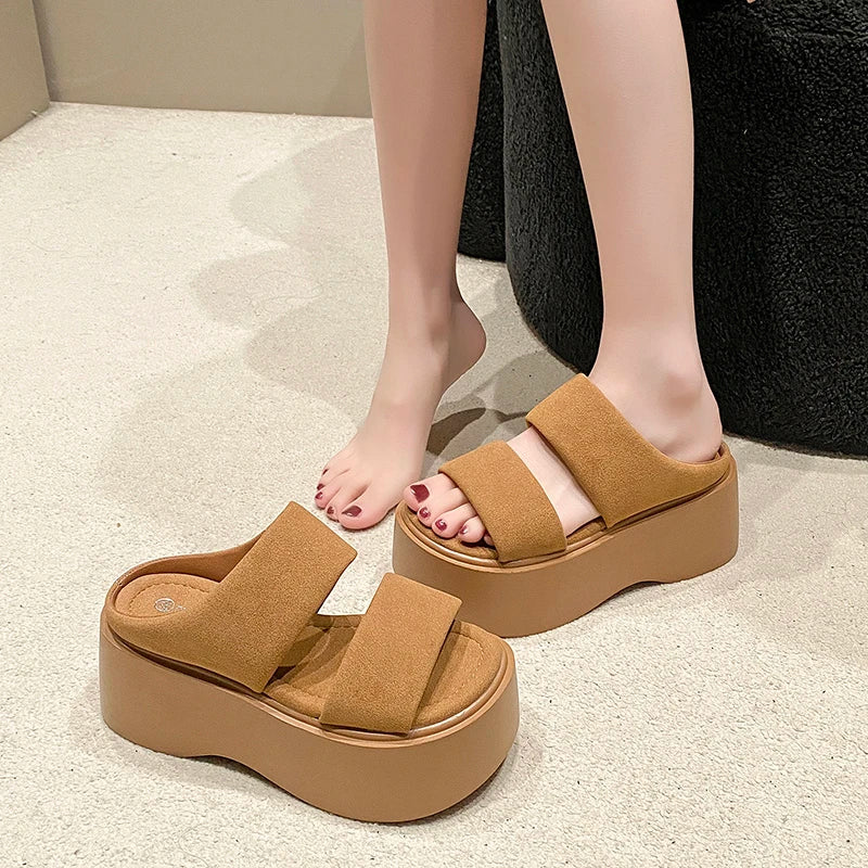 Summer 2023 Chunky Sandals Women's Thick Bottom Wedge Heels Slides 8CM High Heels Platform Leather Casual Beach Flip Flops Woman