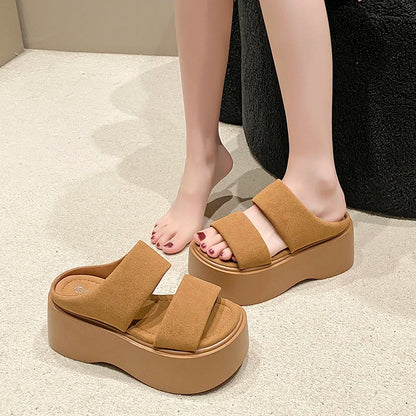 Summer 2023 Chunky Sandals Women's Thick Bottom Wedge Heels Slides 8CM High Heels Platform Leather Casual Beach Flip Flops Woman
