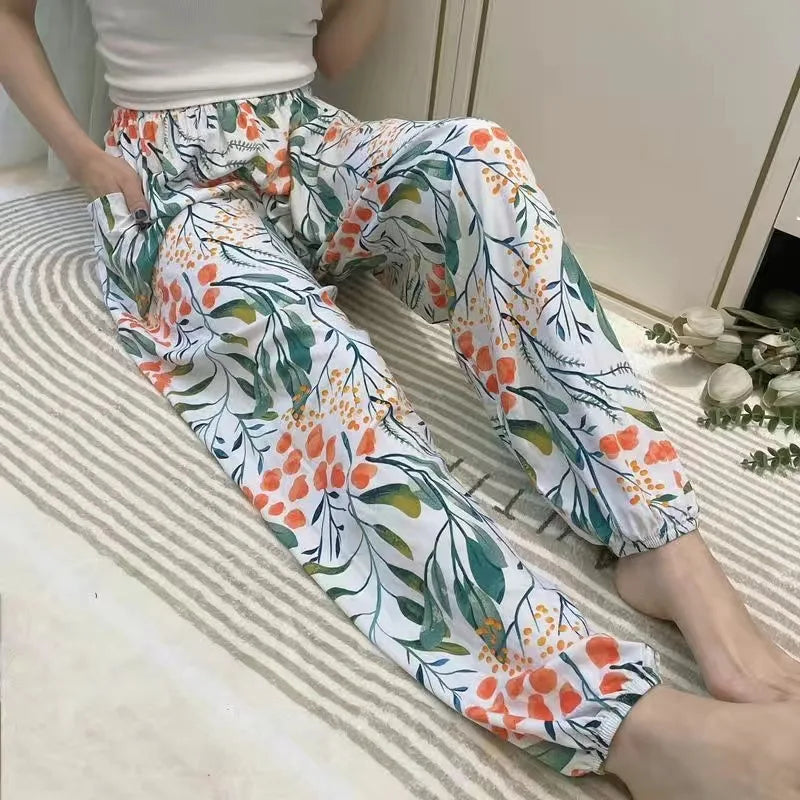 Women's Casual Print Palazzo Pants, Loose Sleep Pyjama Pants, Wide Leg, Thin Shorts, Cropped Pants, Summer Outdoor, ouc1143