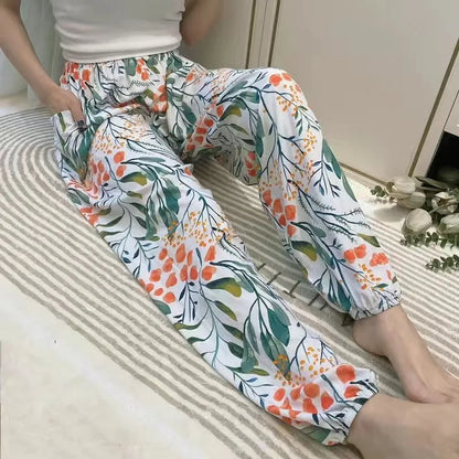 Women's Casual Print Palazzo Pants, Loose Sleep Pyjama Pants, Wide Leg, Thin Shorts, Cropped Pants, Summer Outdoor, ouc1143
