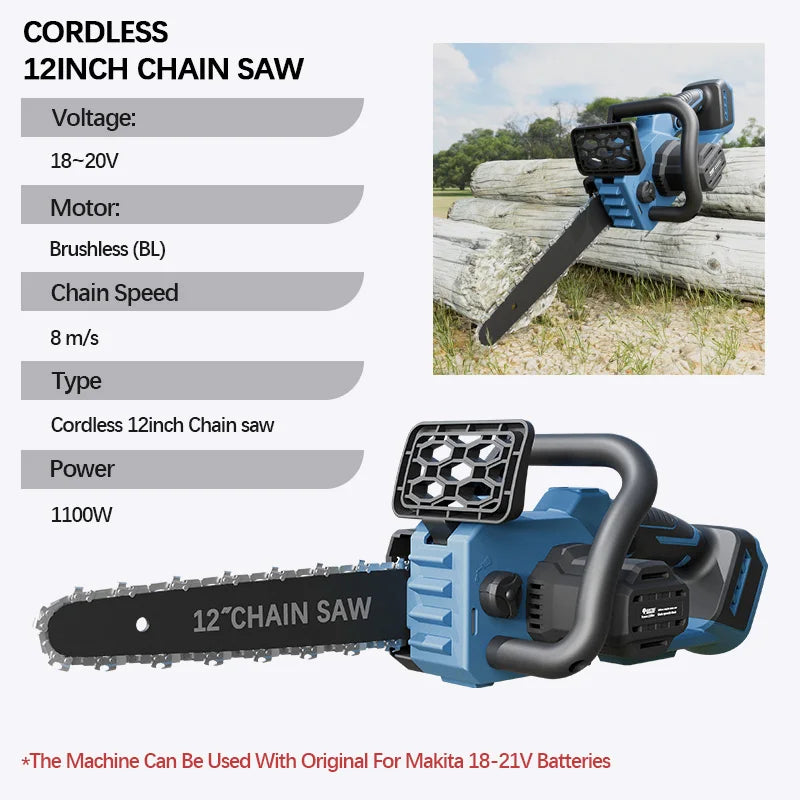 Electric Goddess 12inch Brushless Electric Chainsaw Cordless Portable Electric Saw Woodworking Tool For Makita 18V Battery Pin