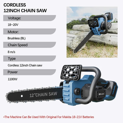 Electric Goddess 12inch Brushless Electric Chainsaw Cordless Portable Electric Saw Woodworking Tool For Makita 18V Battery Pin