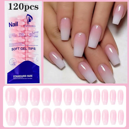 120pcs Pink Ombre Medium Coffin Press On Nails Glossy Handmade Acrylic Fake Nails Tips Gradient Design Artificial False Nails