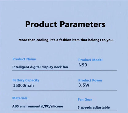 15000mah Portable Neck Fan Smart Digital Display USB Rechargeable Outdoors Bladeless Silent Cooling Neck Fan For Summer Sport