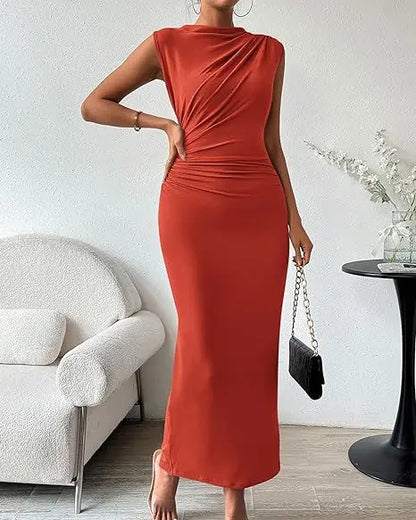 Women's Ruched Bodycon Dress Summer Casual Sleeveless Back Slit Elegant Club Evening Party Cocktail Maxi Dresses