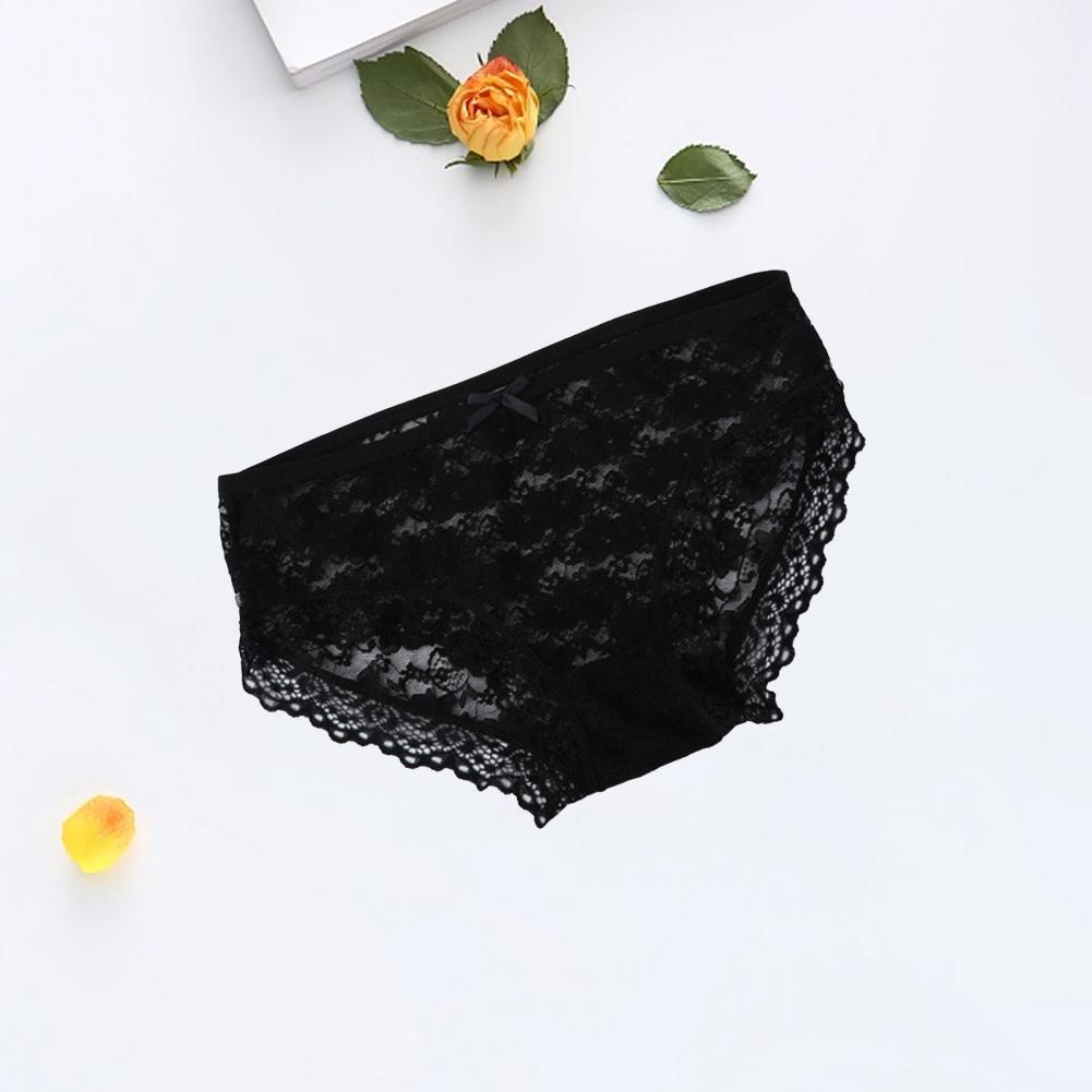 Women Panties Mid Waist Breathable Stretch Hollow Bowknot Soft See-through Lace Sexy Ladies Briefs Underpants Underwear