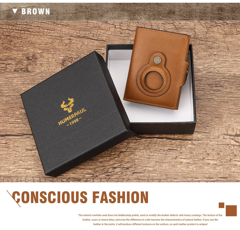 Cowhide Leather Men's Wallet RFID Blocking Protect Cardholder Automatic Card Case for Women with Apple AirTag Holder