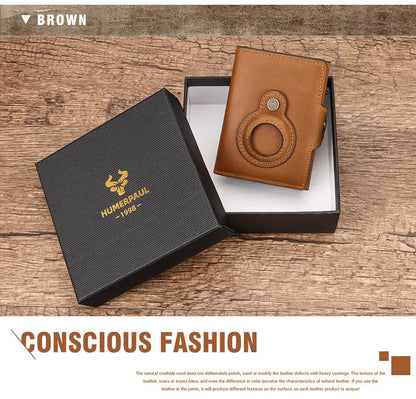 Cowhide Leather Men's Wallet RFID Blocking Protect Cardholder Automatic Card Case for Women with Apple AirTag Holder