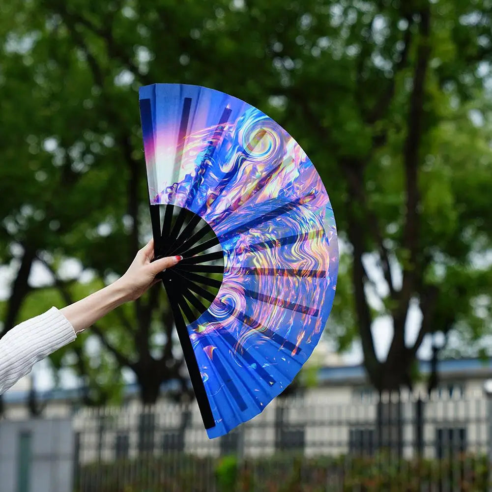 33cm Large Folding Hand Rave Fan Chinease/Japanese Gifts Fan Dance Music Colorful Fan Festival Fan Gradient Reflective Fold