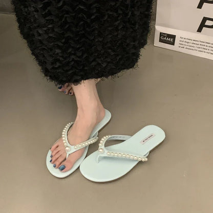 Woman Fashion Flip Flops 2025 Summer New Korean Style Soft Bottom Anti-slippery Versatile Princess Beading Simple Beach Slippers