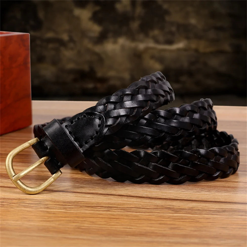 Braided Belt for Women Ladies Pure Color Genuine Leather Alloy Metal Buckle Adjustable Belt for Jeans Dress Accessories Gifts