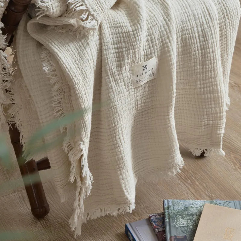 Maillard Cotton Blankets Four Layers Of Gauze Sofa Cover Blanket With Tassel AB Side Office Nap Decorative Bed Muslin Blanket